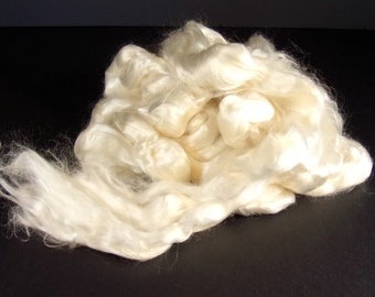 May include: A large clump of white silk fibers, resembling a fluffy cloud. The fibers are soft and delicate, with a slightly iridescent sheen.