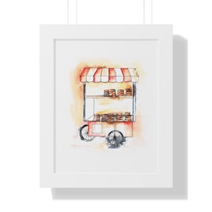 May include: A watercolor painting of a red food cart with a striped awning. The cart is filled with stacks of brown pastries. The cart has two wheels and is on a yellow background.
