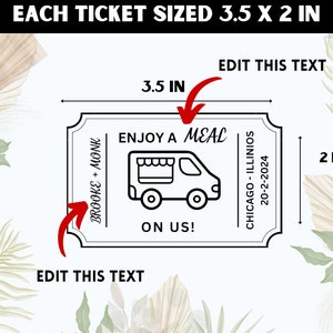 Peut inclure: Un billet noir et blanc avec le texte "ENJOY A MEAL ON US!" et "CHICAGO - ILLINOIS 20-2-2024". Le billet mesure 3,5 pouces de large et 2 pouces de haut. Le texte "EDIT THIS TEXT" apparaît au-dessus et en dessous du billet.