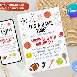 Convite esportivo editável, convite esportivo de aniversário, convite de aniversário para impressão, Canva editável, download instantâneo, cartão de convite