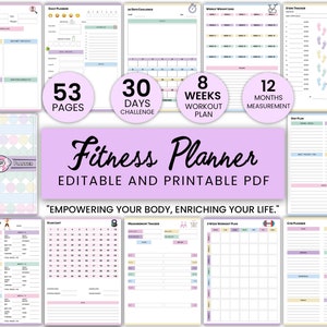 May include: A printable fitness planner with a pastel color scheme. The planner includes sections for personal information, daily planner, 30-day challenge, 8-week workout plan, 12-month measurement, and a step tracker. The planner also includes a motivational quote: "EMPOWERING YOUR BODY, ENRICHING YOUR LIFE."