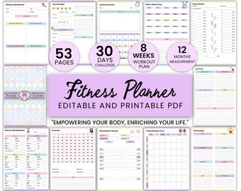 May include: A printable fitness planner with a pastel color scheme. The planner includes sections for personal information, daily planner, 30-day challenge, 8-week workout plan, 12-month measurement, and a step tracker. The planner also includes a motivational quote: "EMPOWERING YOUR BODY, ENRICHING YOUR LIFE."