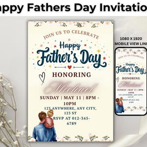 K&ouml;nnte beinhalten: Eine Einladung zum Vatertag mit dem Text "Happy Father's Day" in marineblauer Schrift. Die Einladung enth&auml;lt Details f&uuml;r eine Feier, zu Ehren von "Michael", mit einer Grafik eines Vaters und eines Kindes.