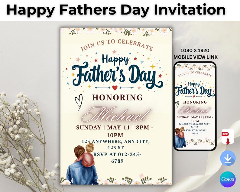 K&ouml;nnte beinhalten: Eine Einladung zum Vatertag mit dem Text "Happy Father's Day" in marineblauer Schrift. Die Einladung enth&auml;lt Details f&uuml;r eine Feier, zu Ehren von "Michael", mit einer Grafik eines Vaters und eines Kindes.