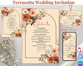 Terracotta Floral Wedding Invitation Template Set (Canva Editable)