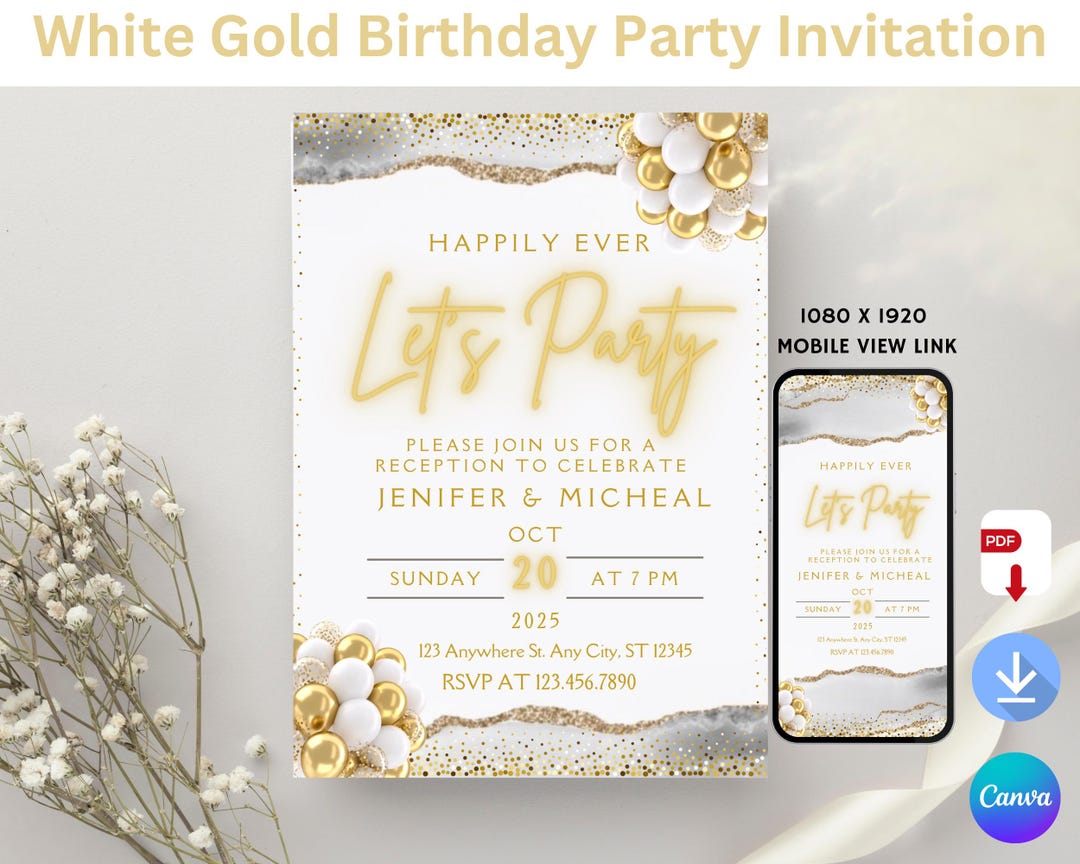 White Gold Birthday Party Invitation: Elegant Canva Template (digital ...