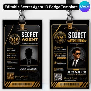 Puede incluir: Dos plantillas rectangulares de tarjetas de identificación de agente secreto en negro y dorado con clips metálicos. Cada una incluye el texto Secret Agent, Authorized Personnel Only, Top Secret y el nombre Alex Walker, junto a un código QR y barras.