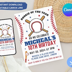 Bearbeitbare Baseball-Geburtstagseinladung, Baseball lädt ein, digitale Vorlage, Überraschungs-Geburtstag, Geschenkkarte, sofortiger Download, Einladungen