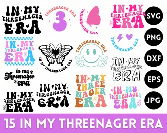Könnte beinhalten: Ein Set mit 15 digitalen Schnittdateien mit dem Spruch "In My Threenager Era" in verschiedenen farbenfrohen und retro-inspirierten Designs. Die Designs beinhalten einen Schmetterling, ein Smiley, einen Blitz und ein Herz. Die Dateien sind in den Formaten SVG, PNG, DXF, EPS und JPG verfügbar.