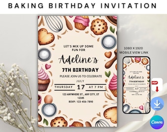 Baking Birthday Invitation | Editable Canva Template | Girl Cooking Party Invite | Digital Download | Sweet Kitchen Theme
