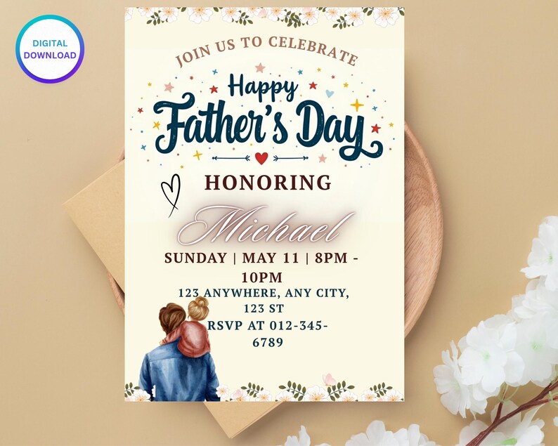 K&ouml;nnte beinhalten: Eine Einladung zum Vatertag mit dem Text "Happy Father's Day" und Veranstaltungsdetails. Das Design umfasst florale Akzente, Herzen und eine Grafik einer Person und eines Kindes. Die Einladung ist f&uuml;r Michael.