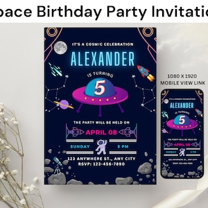 Editable Space Birthday Invitation: Cosmic Theme (Canva, Digital Download)