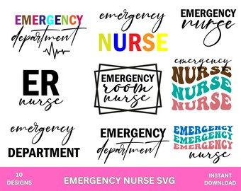 May include: A set of 10 digital designs featuring various text-based graphics related to emergency room nurses. The designs include phrases like "Emergency Department", "ER Nurse", "Emergency Room Nurse", and "Emergency Nurse". The designs are in a variety of fonts and colors, including black, white, red, blue, green, yellow, and pink.