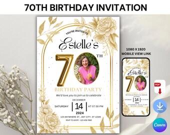 70th Birthday Invitation • Editable Surprise Party Invite for Him or Her • Digital 70th Bday Card Template • Custom Printable Invitation