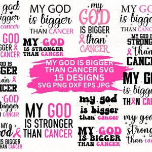 Puede incluir: Una colecci&oacute;n de 15 dise&ntilde;os SVG con el texto "My God is bigger than cancer" en varias fuentes y estilos. Los dise&ntilde;os presentan lazos rosas de concienciaci&oacute;n sobre el c&aacute;ncer y texto, ideal para proyectos de manualidades digitales.