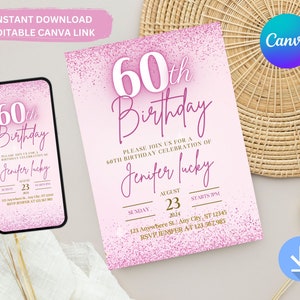 60th Birthday Invitation Card, Printable Rose Gold Sixty And Fabulous Card, Dinner Party Invitation, Birthday Card, Instant Download