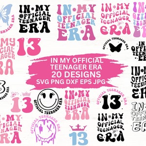 Könnte beinhalten: Ein Set mit 20 digitalen Designs mit dem Text "In My Official Teenager Era" in verschiedenen Stilen und Farben. Die Designs beinhalten einen Schmetterling, ein Smiley, eine Krone und die Zahl 13. Die Designs sind perfekt für die Erstellung von T-Shirts, Tassen, Tragetaschen und anderen personalisierten Artikeln.