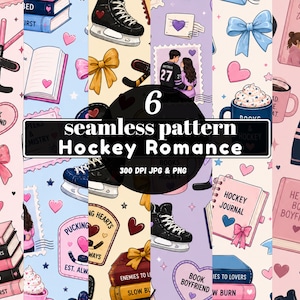 Puede incluir: Una colección digital de seis patrones sin costuras con ilustraciones de patines de hockey, libros, palos de hockey, lazos, corazones y parejas con camisetas. El texto "6 seamless pattern Hockey Romance 300 DPI JPG & PNG" está superpuesto en el centro.