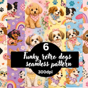 May include: A seamless pattern featuring various dog breeds wearing colorful bandanas, hats, and sunglasses, interspersed with rainbows, flowers, and paw prints. The text 6 Funky retro dogs seamless pattern 300dpi is centered in a black circle.