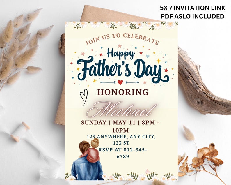 K&ouml;nnte beinhalten: Eine Einladung zum Vatertag mit dem Text "Join Us to Celebrate Happy Father's Day Honoring Michael." Die Einladung enth&auml;lt eine Grafik eines Vaters und Kindes, florale Akzente und Veranstaltungsdetails. Die Einladung ist 12,7 x 17,8 cm gro&szlig;.