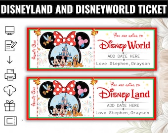 Boleto para Disneyland y Disneyworld: boleto imprimible para vacaciones, regalo sorpresa personalizado y revelación editable de viaje a parques temáticos.