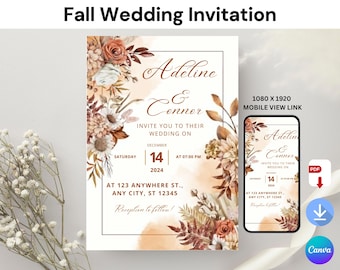 Rustic Fall Wedding Invitation with Leaves | Boho Fall Wedding Invite | Fall Flowers Wedding Template | Fall Wedding Invitation