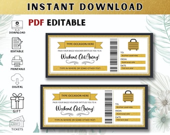 May include: Two printable gold and black gift certificate templates with a suitcase icon and the text "Weekend Get Away!"  The text "Type Occasion Here" and "Pack your bags! Voucher entitles you to a Weekend Get Away!" is also included.