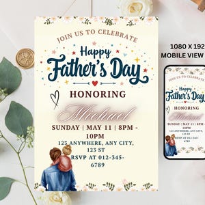 K&ouml;nnte beinhalten: Eine Einladung zum Vatertag mit dem Text "Happy Father's Day" und "Honoring Michael". Die Einladung enth&auml;lt Datum, Uhrzeit, Ort und RSVP-Informationen. Ein Link zur mobilen Ansicht ist ebenfalls enthalten.