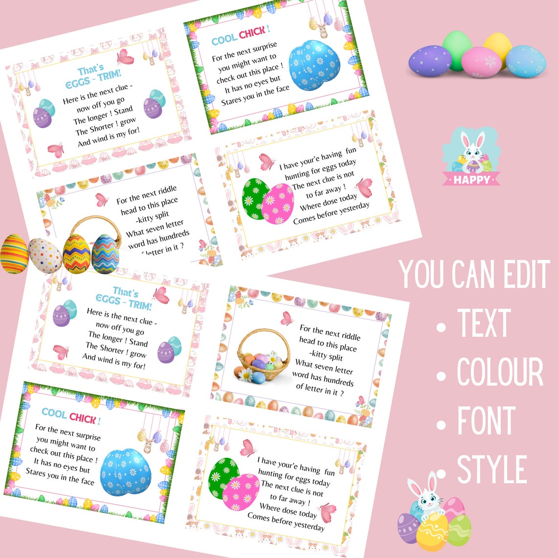 Printable Easter Hunt Clues, Easter Cards for Indoor & Outdoors, Easter ...