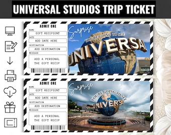 Boleto de viaje a Universal Studios, Boleto sorpresa para viaje, Pase de abordar para parques temáticos, Plantilla imprimible para boleto de regalo de vacaciones, Boleto personalizado