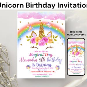 Unicorn Birthday Invitation Template,Rainbow Unicorn Invitation,Rainbow Unicorn Girls Invite, Unicorn Birthday Decorations,Instant Download