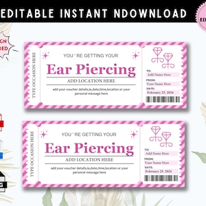 Ear Piercing Ticket Template, Ear Pierce Printable Coupon, Piercing Souvenir Voucher, Surprise Ear Piercing Gift Ticket, Instant Download