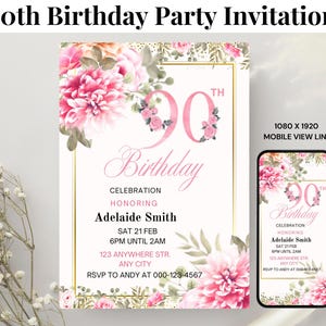Floral 90th Birthday Party Invitation Template (Digital Download)