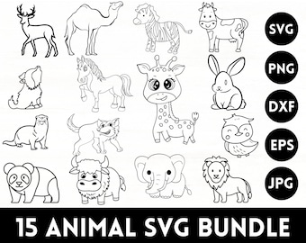 May include: A set of 15 black and white animal illustrations, including a deer, camel, zebra, cow, dog, horse, giraffe, rabbit, owl, otter, wolf, buffalo, elephant, lion, and panda. The illustrations are in a cartoon style and are perfect for use in crafting projects, scrapbooking, or digital design.