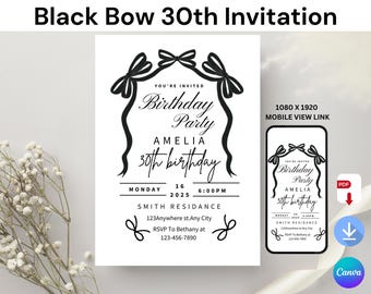 Black Bow 30th Birthday Invitation: Elegant Canva Template