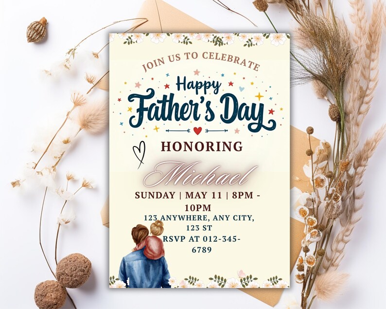 K&ouml;nnte beinhalten: Eine Einladung zum Vatertag mit dem Text "Join Us To Celebrate Happy Father's Day Honoring Michael". Die Einladung zeigt eine Zeichnung eines Vaters und Kindes mit floralen und sternf&ouml;rmigen Akzenten. Datum, Uhrzeit und RSVP-Informationen sind ebenfalls enthalten.