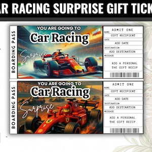 Könnte beinhalten: Ein Überraschungs-Geschenkticket für Autorennen mit dem Text "Car Racing" und "Surprise". Das Ticket zeigt Illustrationen von Rennwagen und enthält Felder zum Hinzufügen eines Geschenkempfängers, eines Datums, eines Reiseziels und einer persönlichen Nachricht.