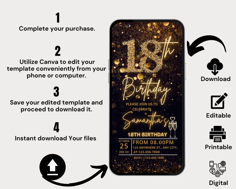 18th Birthday Party Invitation: Elegant Phone Evite (canva Editable) - Etsy