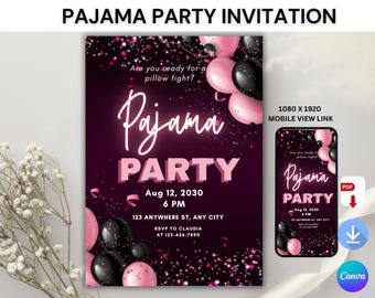Editable Pajama Party Invitation | Digital Sleepover Invite Template | Birthday Pajama Party Printable Invitation for Kids & Teens
