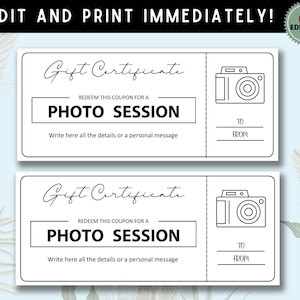 Photo Session Gift Coupon, Printable Voucher, Last Minute Gift, Birthday Surprise Ticket, Photographer Gift Coupon, Instant Download