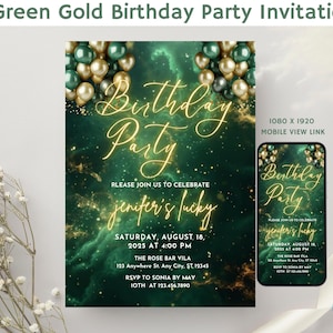Editable Green and Gold Invitation, Birthday Dinner Invitation, Editable Party Invite Women, Balloons Electronic Birthday Invite