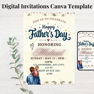 K&ouml;nnte beinhalten: Eine digitale Vatertags-Einladungsvorlage mit dem Text "Happy Father's Day" in marineblauer Schrift. Die Einladung enth&auml;lt Veranstaltungsdetails, eine Grafik eines Vaters und Kindes und den Text "Digital Invitations Canva Template."
