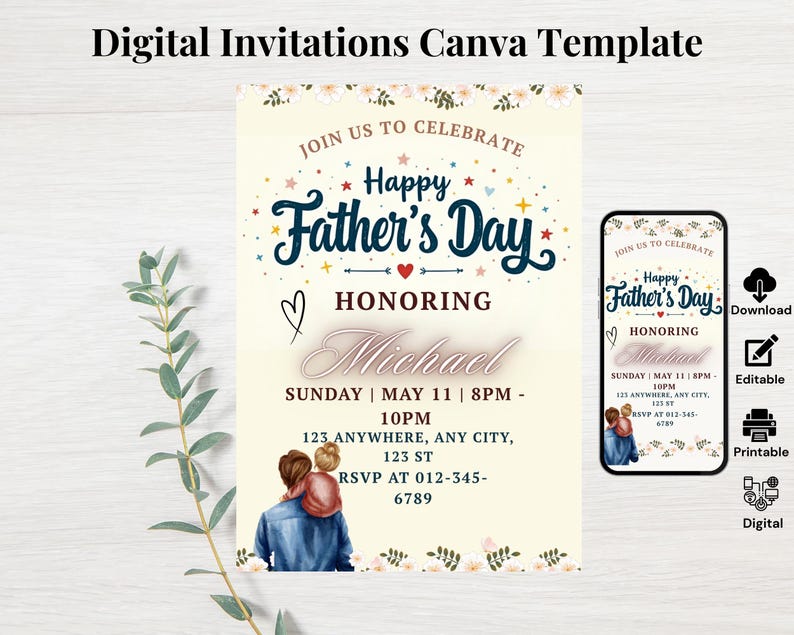 K&ouml;nnte beinhalten: Eine digitale Vatertags-Einladungsvorlage mit dem Text "Happy Father's Day" in marineblauer Schrift. Die Einladung enth&auml;lt Veranstaltungsdetails, eine Grafik eines Vaters und Kindes und den Text "Digital Invitations Canva Template."