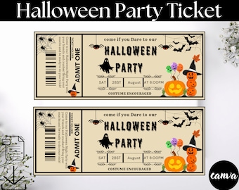 May include: Two Halloween party tickets with a vintage design. Each ticket features a pumpkin, bats, spiders, and the text "Halloween Party." The tickets are beige with black and orange accents. The text reads "Come if you Dare to our Halloween Party."