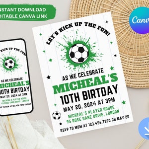 Bearbeitbare Fußball-Geburtstagseinladungsvorlage, Fußball-Geburtstagseinladung, Fußballeinladungsvorlage, Sofort-Download, Canva Bearbeitbar