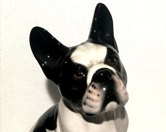 Exclusive decorative statue French Bulldog 34 cm white black ceramic handmade Italy