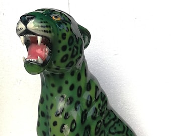 Exclusief decoratief beeld Jaguar groen 86 cm keramiek handgemaakt Italië