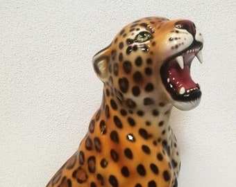 Exclusive decorative statue leopard 62 cm ceramic handmade Italy