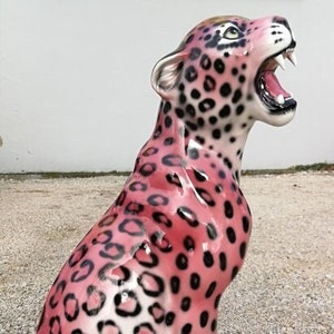 Exclusive decorative statue Leopard pink 62 cm ceramic handmade Italy