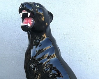 Statue décorative exclusive panthère côté tête noire 86 cm en céramique faite à la main en Italie